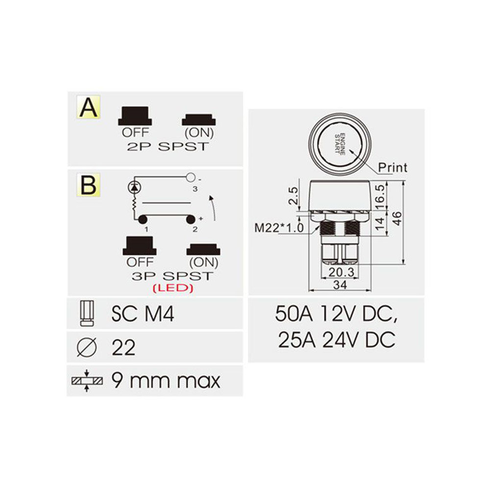Bouton / Interrupteur Poussoir pour Démarrage Moteur - EL-MR220223 - 3661768255179