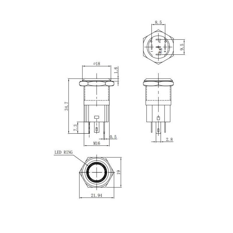 Druckknopf aus Metall mit Verriegelung und roter LED-Umrandung - LU-LAS316R - 3661768399958