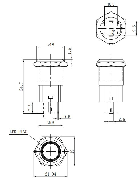 Druckknopf aus Metall mit Verriegelung und roter LED-Umrandung - LU-LAS316R - 3661768399958