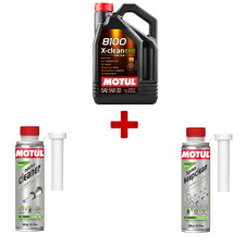 Pack entretien Motul huile 8100 X-clean + nettoyant injecteur + entretien injecteur essence
