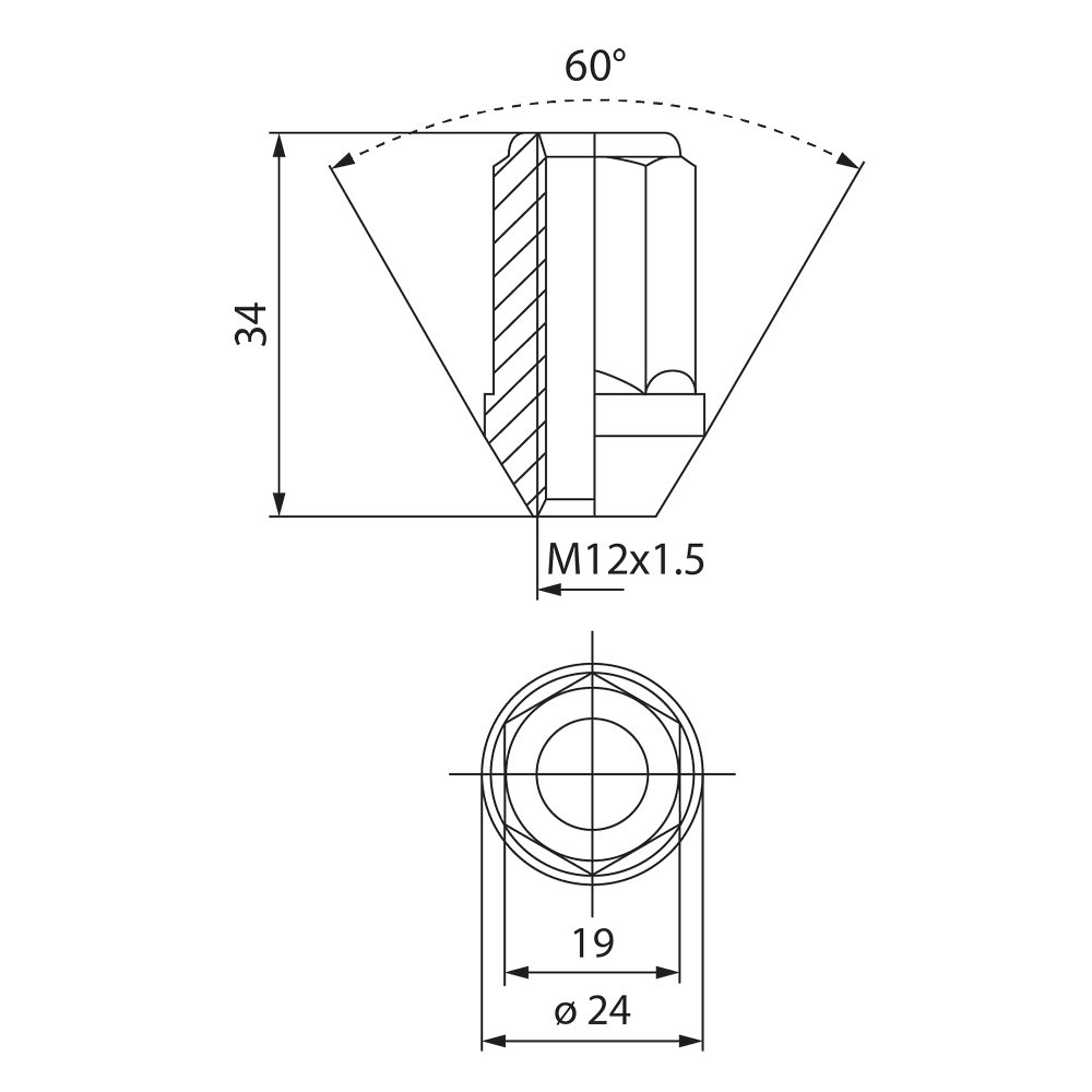 Mutter EVO Corse Stahl schwarz verzinkt 2x125 Schlüssel 19 konisch 60° L34mm offen - EVO-CM0751830040 - CM0751830040 - 3666618154541