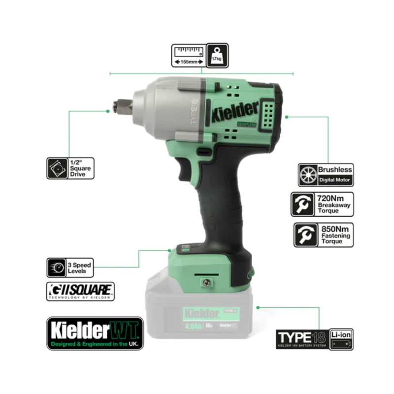 Avvitatore a impulsi KIELDER 1/2" 720Nm 18V (senza batteria) - KWT-180-06 - KWT-180-06 - 5060441196385