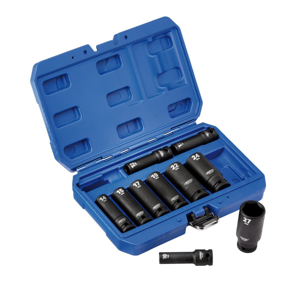 Metrischer langer Schlagschraubereinsatz Satz Draper, ½'' (10 Stück). - DRA-83096 - D83096 - 5010559830961