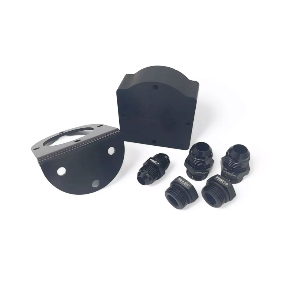 OBP black remote billet oil filter housing (bracket + 3/4-16UNF adaptor + 2 AN10 caps + 2 AN10 adaptors) - OBP-OSA-6 - OBP-OSA-6 - 3666618510620
