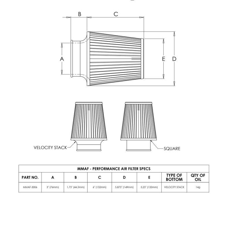 Filtre à air Universel MISHIMOTO Fix Ø76mm longueur 153mm - MIM-AF-3006 - MMAF-3006 - 3666618728209