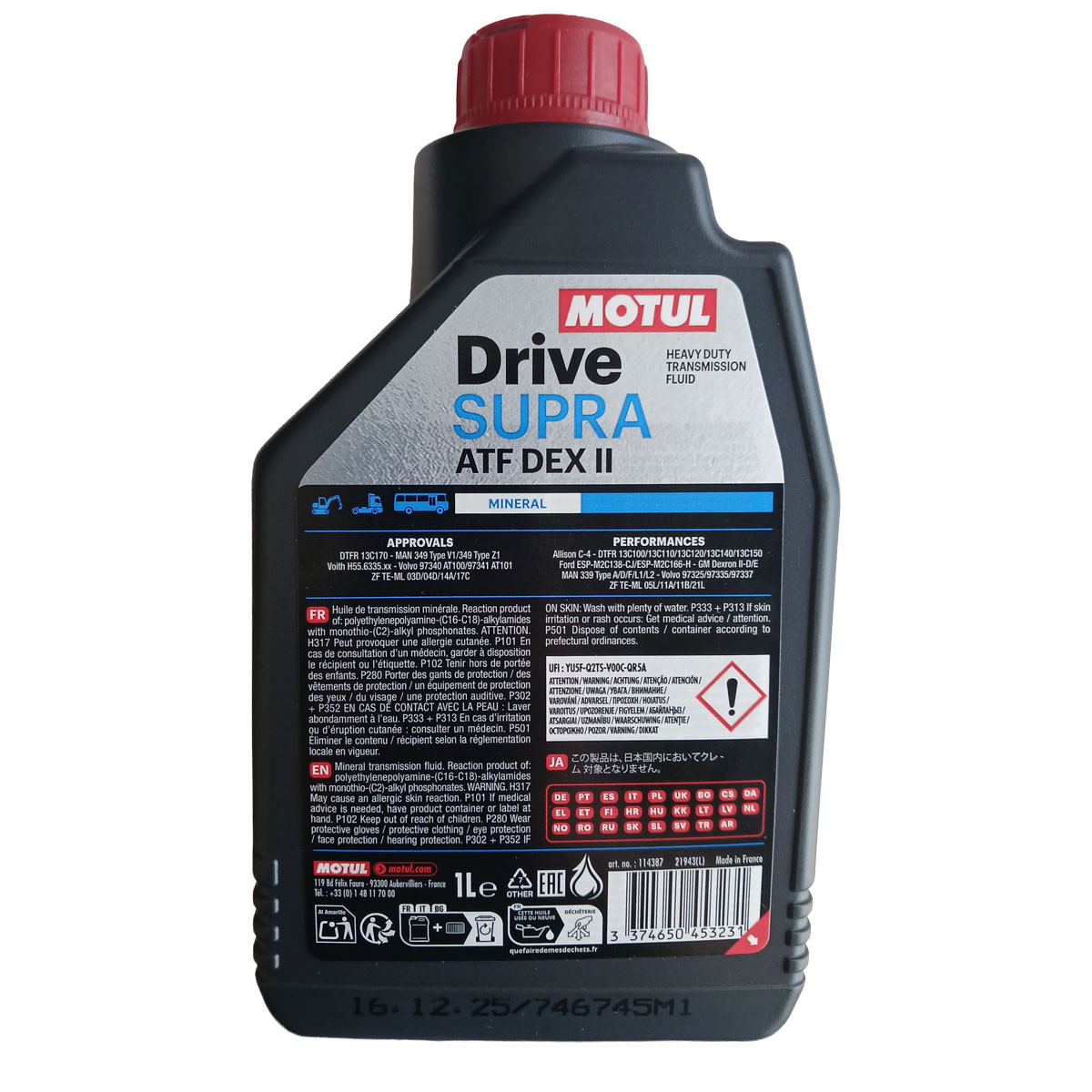 Huile de boite Motul Drive Supra ATF DEX II - bidon de 1 litre - MOT-DEXRON2-D - 114387 - 3374650003405