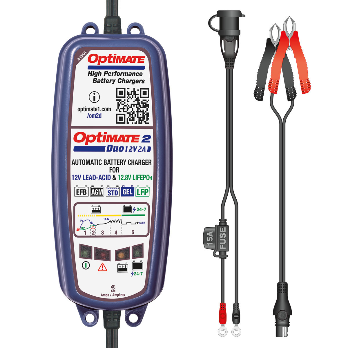 Chargeur batterie AGM, GEL, EFB, plomb-acide & Lithium LiFePO4 12V OptiMate 2 DUO TM550 - TM-550 - TM550 - 5425006142052