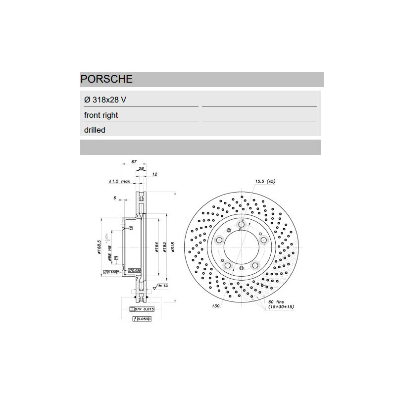 Porsche Boxster 911 GT2i Group N front right pierced brake disc, 318x28 mm - BR-DFN-1053 - 3661768945148