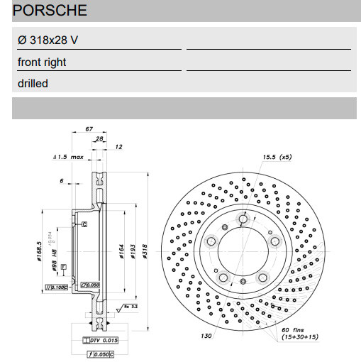 Porsche Boxster 911 GT2i Group N front right pierced brake disc, 318x28 mm - BR-DFN-1053 - 3661768945148