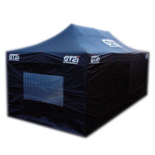 Schwarzes Zelt-Set 3 x 6 m mit Fensterwand für Rallye- und Event-Einsätze.