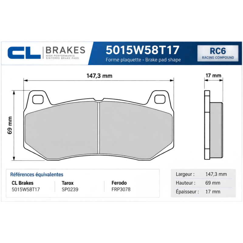 CL Brakes RC6 Tarox B32 SP0239 5015W58T17RC6 Brake Pads - CL-5015W58T17RC6 - 5015W58T17 RC6 - 3661768202425