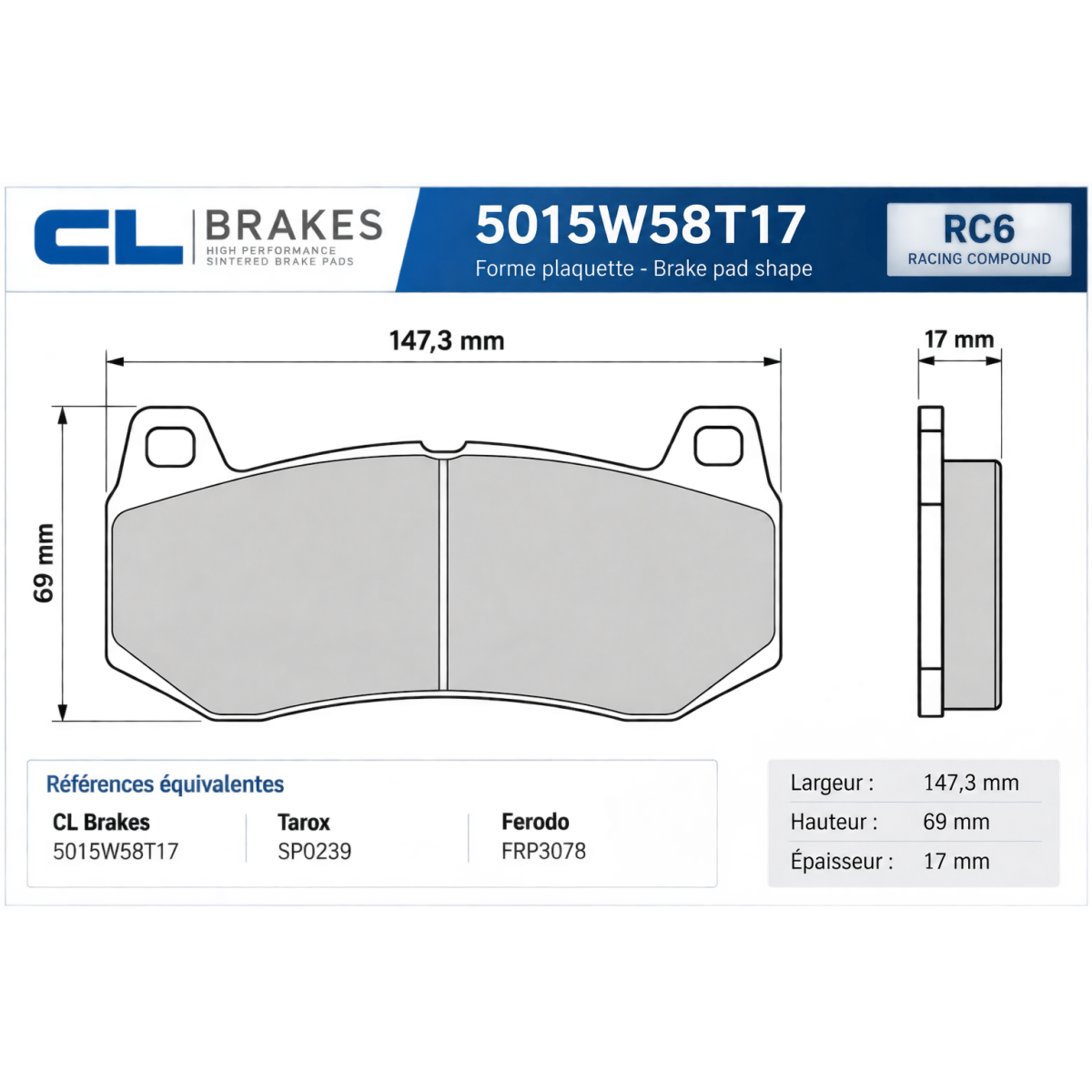 Bremsbeläge CL Brakes RC6 Tarox B32 SP0239 5015W58T17RC6 - CL-5015W58T17RC6 - 5015W58T17 RC6 - 3661768202425