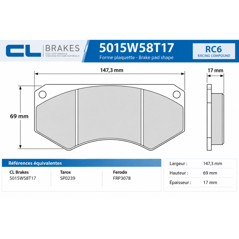 Plaquettes CL Brakes RC6 Tarox B32 SP0239 5015W58T17RC6 - CL-5015W58T17RC6 - 5015W58T17 RC6 - 3661768202425