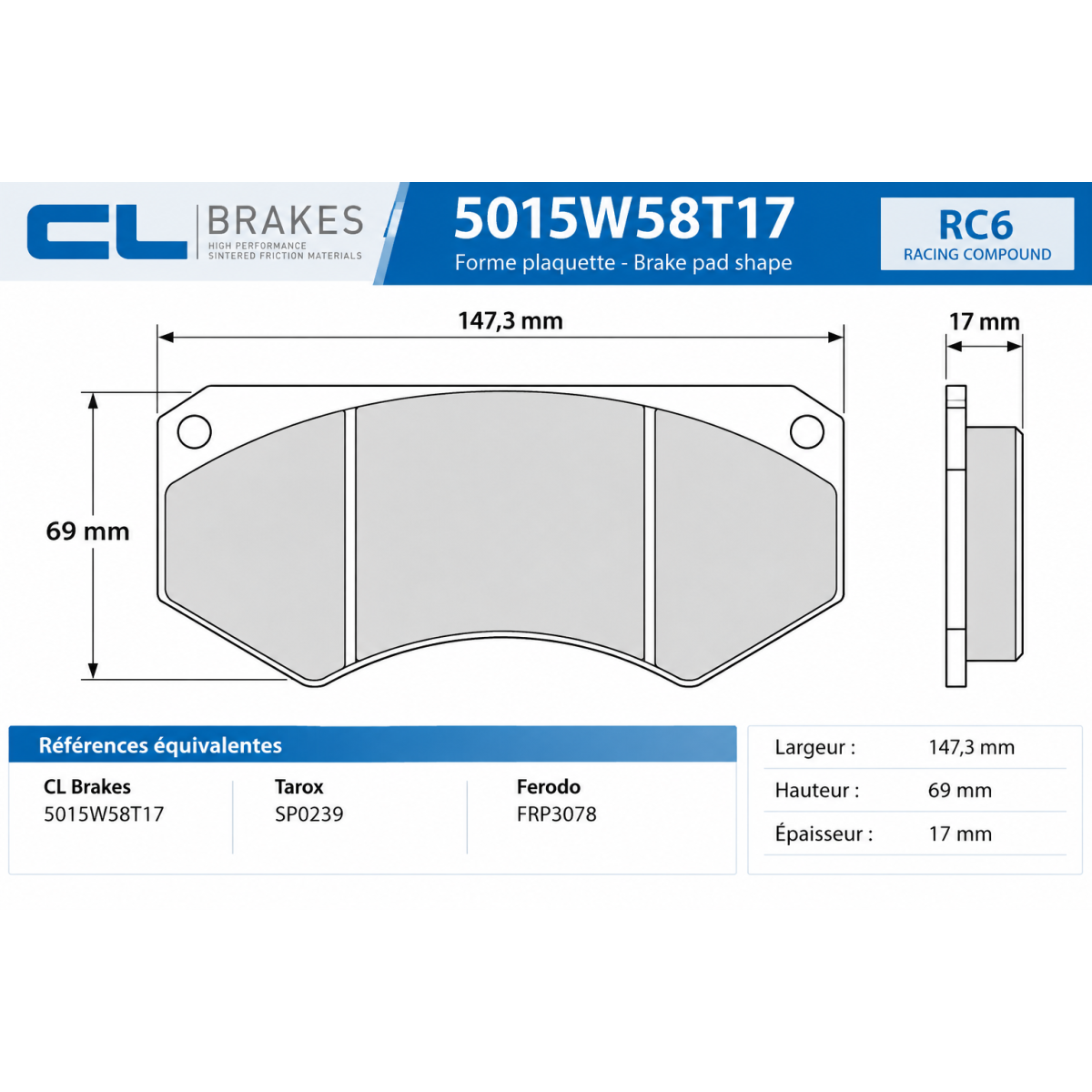 CL Brakes RC6 Tarox B32 SP0239 5015W58T17RC6 Brake Pads - CL-5015W58T17RC6 - 5015W58T17 RC6 - 3661768202425