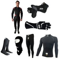 Komplettes FIA-GT2i-Fahrerpaket: Rennanzug, Stiefel, Handschuhe, fia-kopfhaube und feuerfeste Unterwäsche gemäß der Norm FIA 885