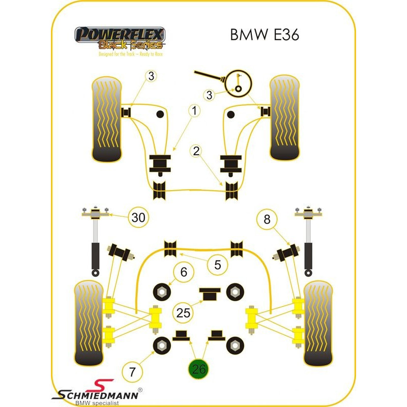 Powerflex Bushings Black Rear Differential Rear Bush BMW E36 (2 Pieces) - PF-R5326-2N - PFR5-326BLK - 5055676528124