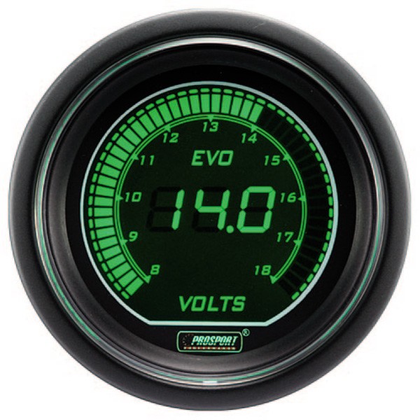 Pro-Sport Digital Gage Voltmeter  52mm 8 to 18Volts Green/White - CT-VO-005-V-BL - 216EVOWGVO - 3661768389232
